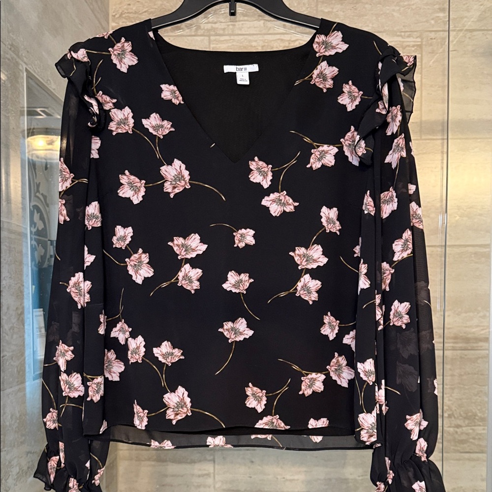 bar III Black & Pink Floral Top with Ruffles